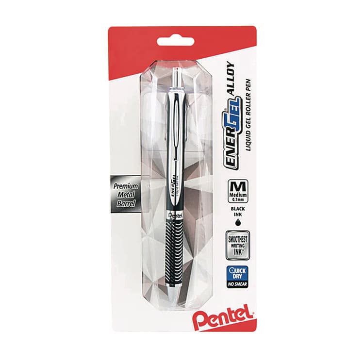 PENTEL OF AMERICA EnerGel Alloy RT Gel Pen, Retractable, Medium 0.7 mm, Black Ink, Black/Aluminum Barrel (PENBL407ABPA)