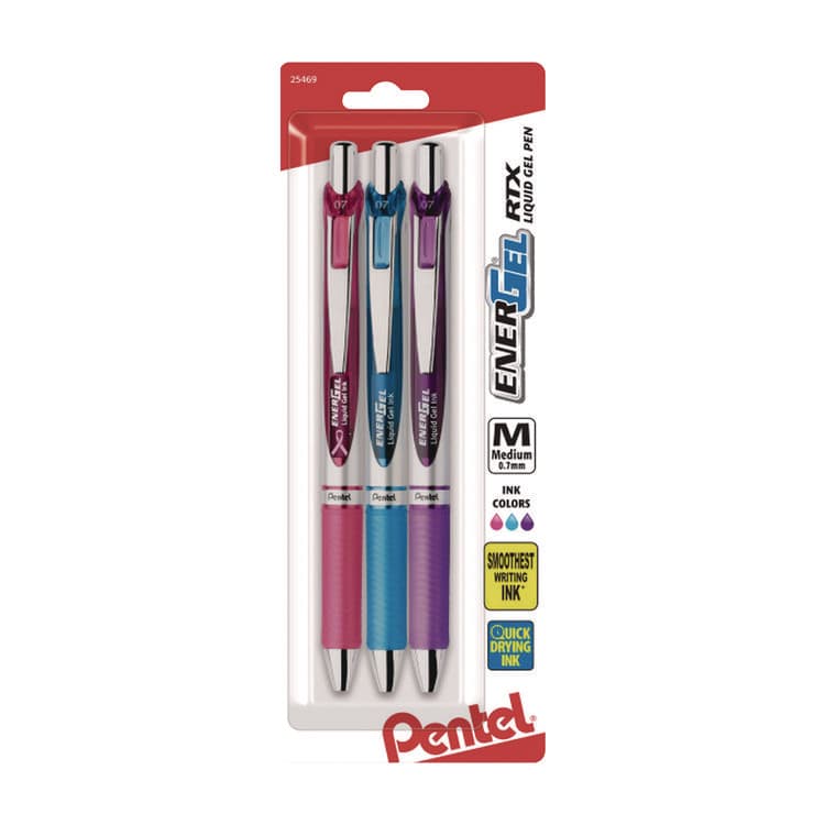 PENTEL OF AMERICA EnerGel RTX Gel Pen, Retractable, Medium 0.7 mm, Assorted Pastel Ink and Barrel Colors, 3/Pack (PENBL77BP3M1)
