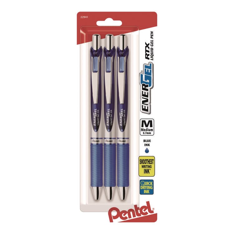 PENTEL OF AMERICA EnerGel RTX Gel Pen, Retractable, Medium 0.7 mm, Blue Ink, Blue/Silver Barrel, 3/Pack (PENBL77BP3C)