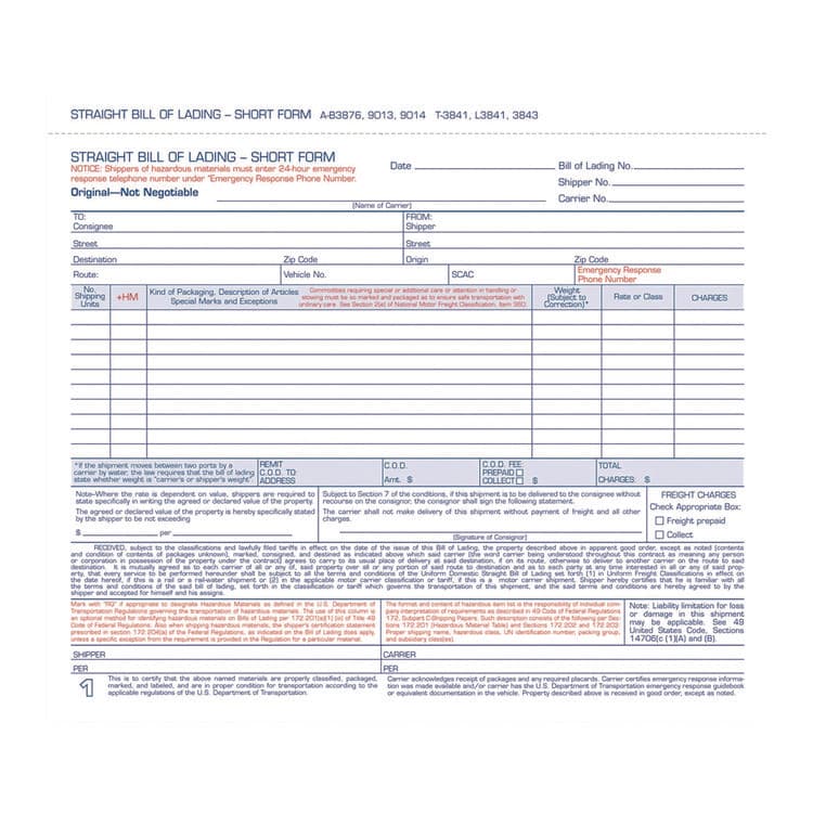 CARDINAL BRANDS . Bill of Lading - Short Form for Up to Ten Articles, Three-Part Carbonless, 8.5 x 6.94, 50 Forms Total (ABF9013)