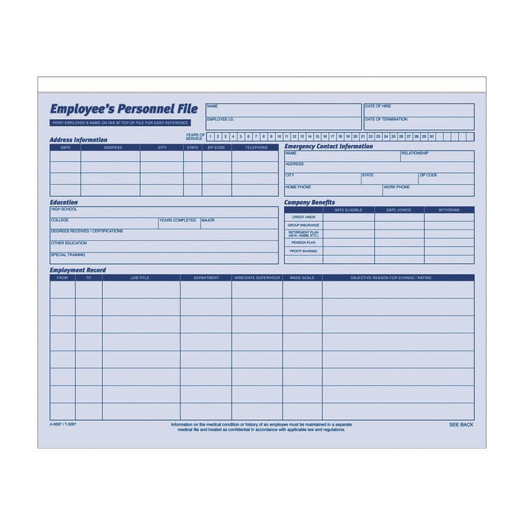 CARDINAL BRANDS . Employee Personnel File Jacket, Unpunched, Straight Tab, Letter Size, Blue, 20/Pack (ABF9287)