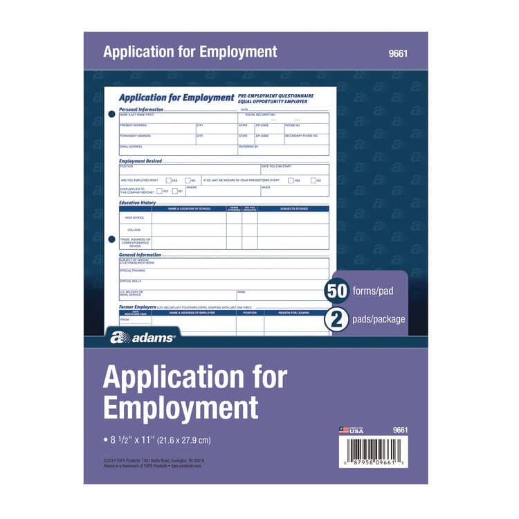 CARDINAL BRANDS . Employment Applications, One-Part (No Copies), 11 x 8.38, 50 Forms/Pad, 2 Pads/Pack (ABF9661)