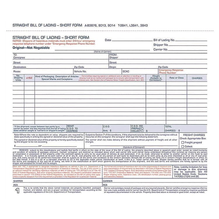 CARDINAL BRANDS . Bill of Lading - Short Form for Up to Ten Articles, Three-Part Carbonless, 8.5 x 6.94, 250 Forms Total (ABFB3876)