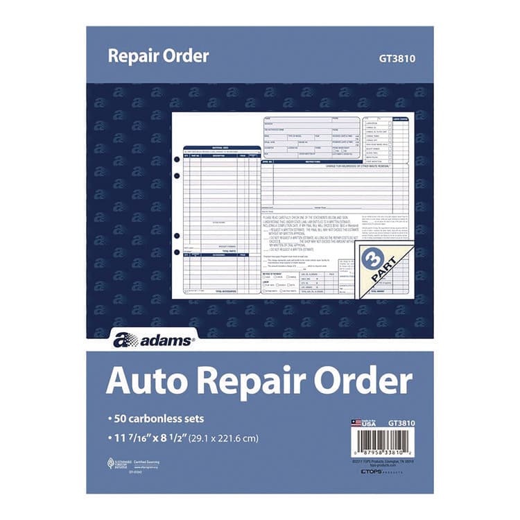 CARDINAL BRANDS . Multipart Auto Repair Work Order Forms with Checklist for Routine Jobs, Three-Part Carbonless, 10.94 x 8.5, 50 Forms Total (ABFGT3810)