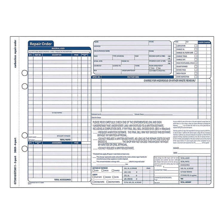 CARDINAL BRANDS . Multipart Auto Repair Work Order Forms with Checklist for Routine Jobs, Three-Part Carbonless, 10.94 x 8.5, 50 Forms Total (ABFGT3810) thumbnail 2