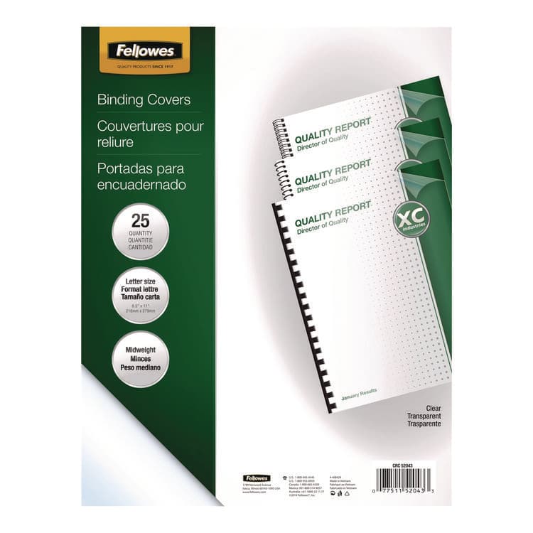 FELLOWES MFG. CO. Crystals Transparent Presentation Covers for Binding Systems, Plastic, Square Corners, 11 x 8.5, Gloss Clear, 25/Pack (FEL52043)