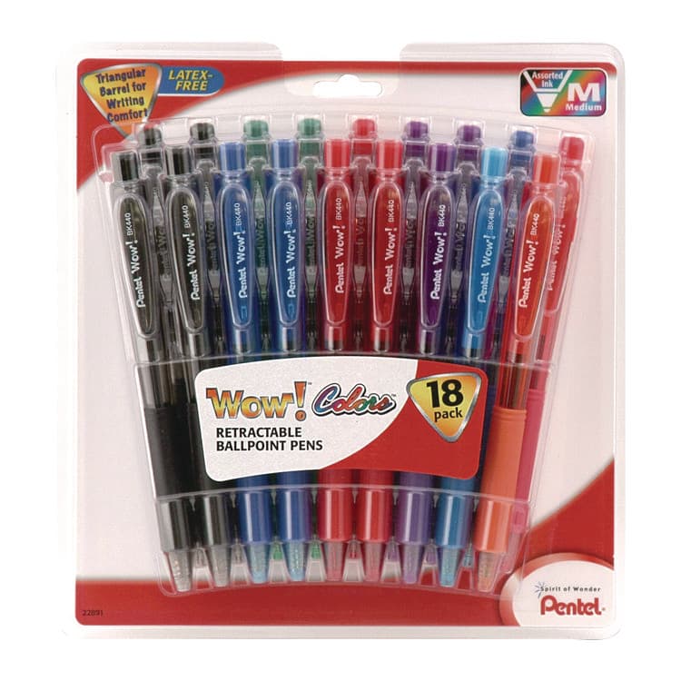 PENTEL OF AMERICA WOW! Ballpoint Pen, Retractable, Medium 1 mm, Assorted Ink and Barrel Colors, 18/Pack (PENBK440BP18M)