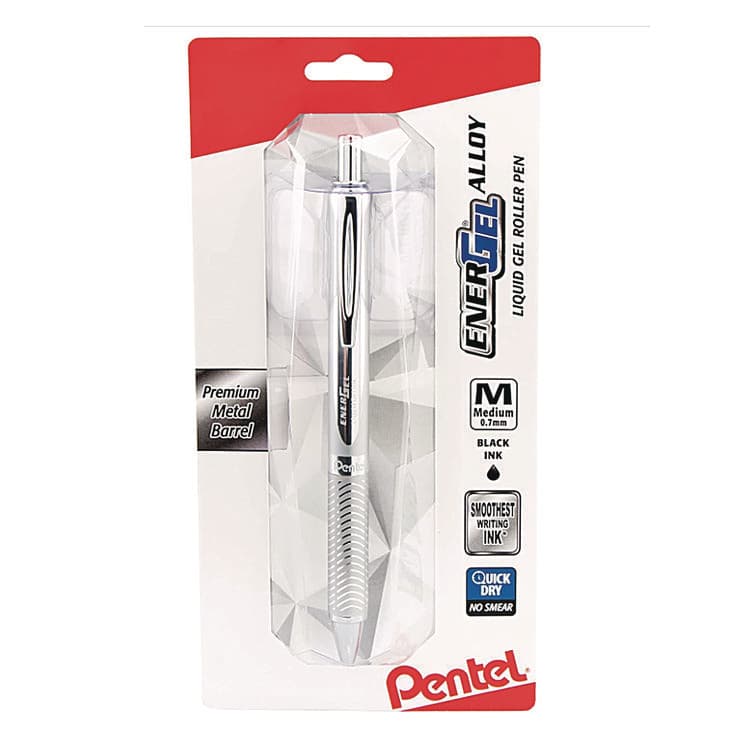PENTEL OF AMERICA EnerGel Alloy RT Gel Pen, Retractable, Medium 0.7 mm, Black Ink, Polished Aluminum Barrel (PENBL407BP)