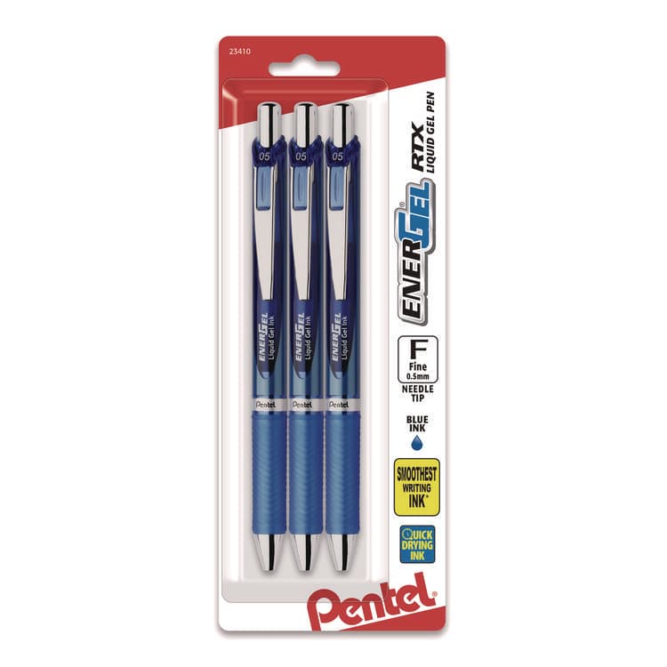 PENTEL OF AMERICA EnerGel RTX Deluxe Gel Pen, Retractable, Fine 0.5 mm, Blue Ink, Blue/Silver Barrel, 3/Pack (PENBLN75BP3C)