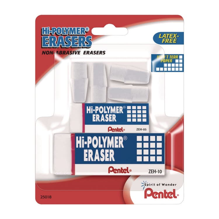 PENTEL OF AMERICA Hi-Polymer Eraser Assortment, (4) Pencil Caps/(1) Large Block/(1) Small Block, White, 6/Pack (PENZEH2510BP)
