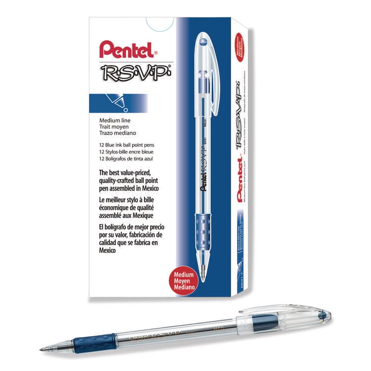 PENTEL OF AMERICA R.S.V.P. Ballpoint Pen, Stick, Medium 1 mm, Blue Ink, Clear/Blue Barrel, Dozen (PENBK91C)