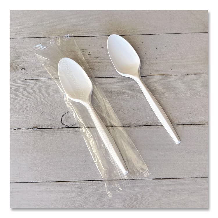 BOARDWALK Mediumweight Wrapped Polypropylene Cutlery, Spoon, 5.31", Plastic, White, 1,000/Carton (BWKSPOONMWPPIW) thumbnail 2
