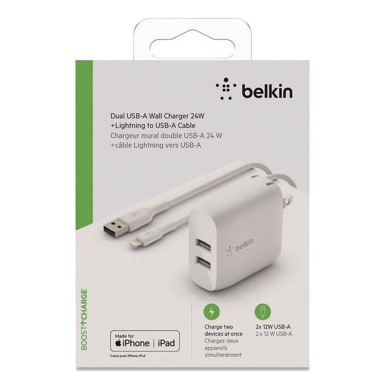 BELKIN COMPONENTS BOOST CHARGE Dual USB-A Wall Charger + Lightning to USB-A Cable, White (BLKWCD001DQ1MWH)