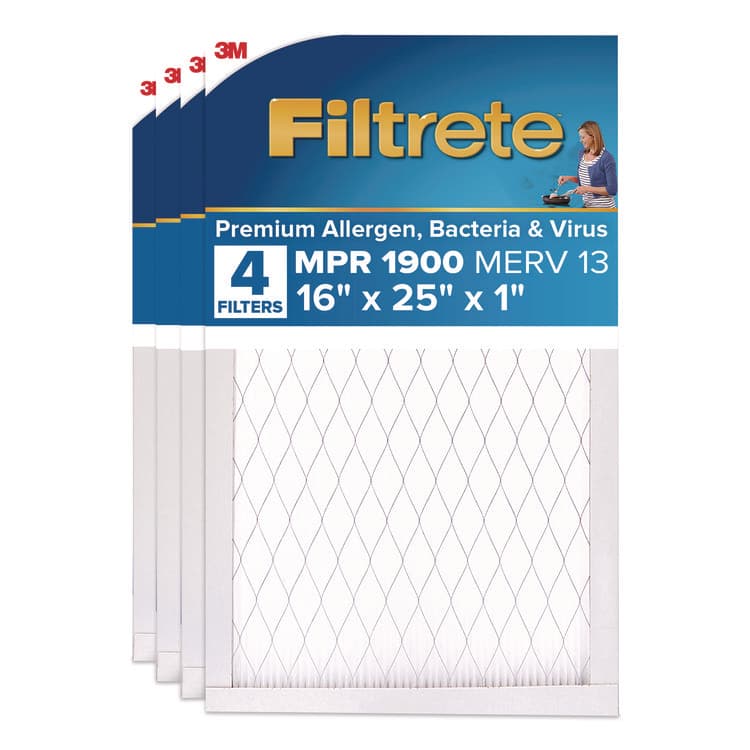 3M/COMMERCIAL TAPE DIV. Premium Allergen, Bacteria and Virus Air Filter, MERV 13, MPR 1900, 16 x 25, 4/Carton (MMMUA014CA)
