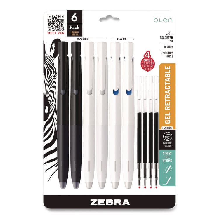 ZEBRA PEN CORP. bLen Gel Pen, Medium 0.7 mm, Black; Blue Ink, White; Black Barrel, 6/Pack (ZEB49501)