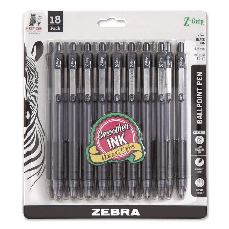ZEBRA PEN CORP. Z-Grip Ballpoint Pen, Retractable, Medium 1 mm, Black Ink, Clear/Black Barrel, 18/Pack (ZEB22218)