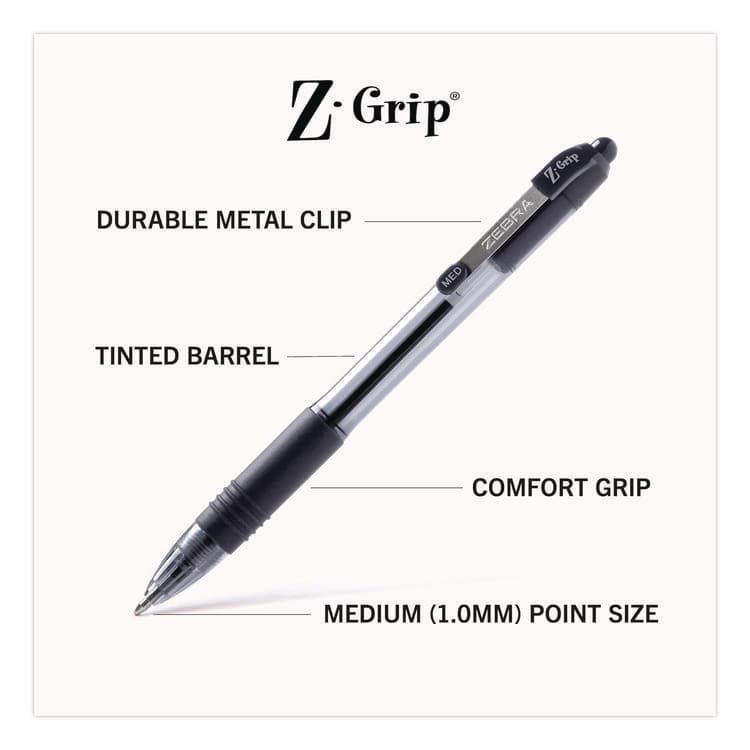 ZEBRA PEN CORP. Z-Grip Ballpoint Pen, Retractable, Medium 1 mm, Black Ink, Clear/Black Barrel, 18/Pack (ZEB22218) thumbnail 3
