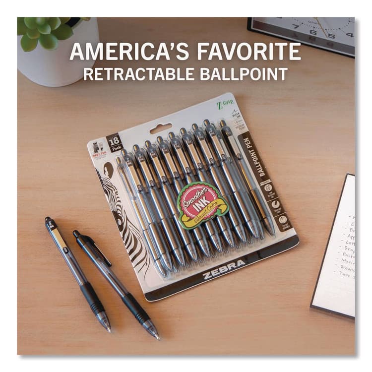 ZEBRA PEN CORP. Z-Grip Ballpoint Pen, Retractable, Medium 1 mm, Black Ink, Clear/Black Barrel, 18/Pack (ZEB22218) thumbnail 4