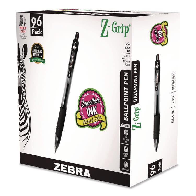 ZEBRA PEN CORP. Z-Grip Ballpoint Pen, Retractable, Medium, 1 mm, Black Ink, Clear/Black Barrel, 96/Pack (ZEB22196)