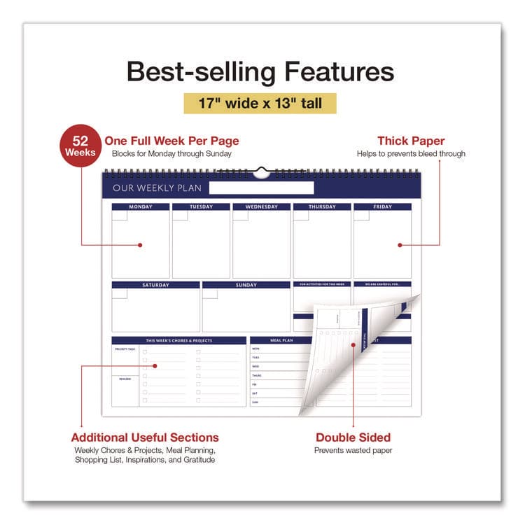 EXCELLO GLOBAL PRODUCTS Weekly Family Planner, 17 x 13, White/Blue Sheets, 52 Weeks: Undated (GPUSPLS0079) thumbnail 2