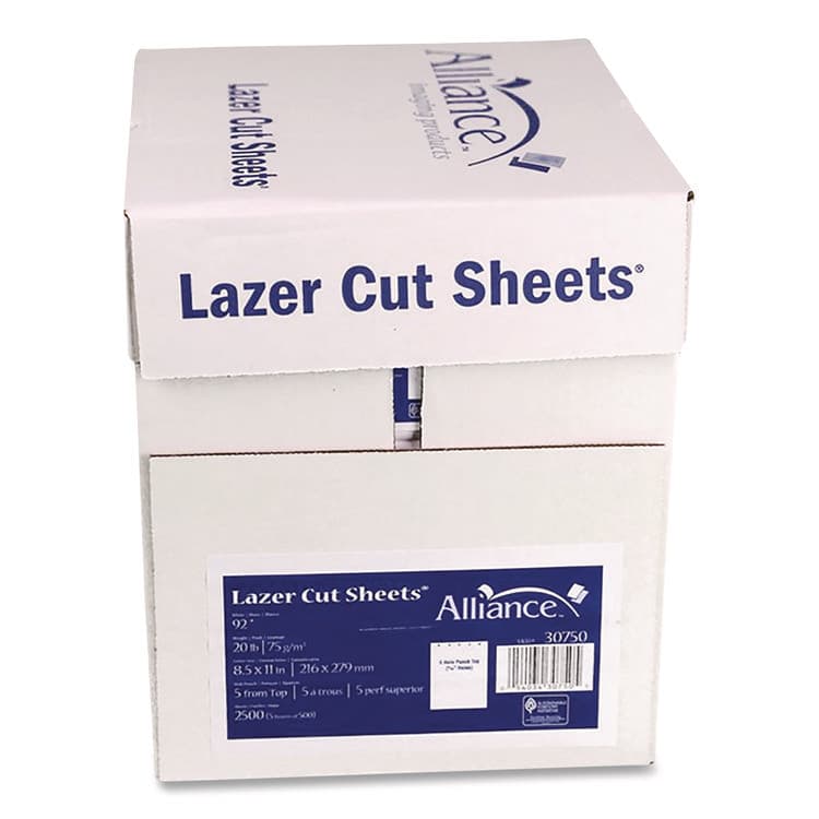 ALLIANCE Punched Laser Cut Sheets, 92 Bright, Side: 5-Hole, 20 lb Bond Weight, 8.5 x 11, White, 500 Sheets/Ream, 5 Reams/Carton (IPS30750AA)