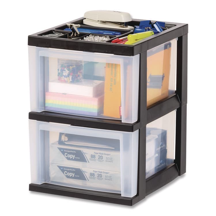 IRIS USA, 2-Compartment Desktop Stackable Storage Drawer, 12.17 x 14.33 x 16.77, Black/Translucent White (IRS116352) thumbnail 2