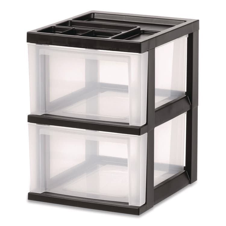 IRIS USA, 2-Compartment Desktop Stackable Storage Drawer, 12.17 x 14.33 x 16.77, Black/Translucent White (IRS116352)