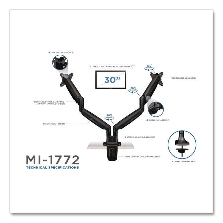 MOUNT-IT! Dual Monitor Gas-Spring Mounting Arm, For 13" to 32" Monitors, 360 Degree Rotation, +/-45 Degree Tilt, Black, Supports 20 lb (MNIMI1772BLACK) thumbnail 3