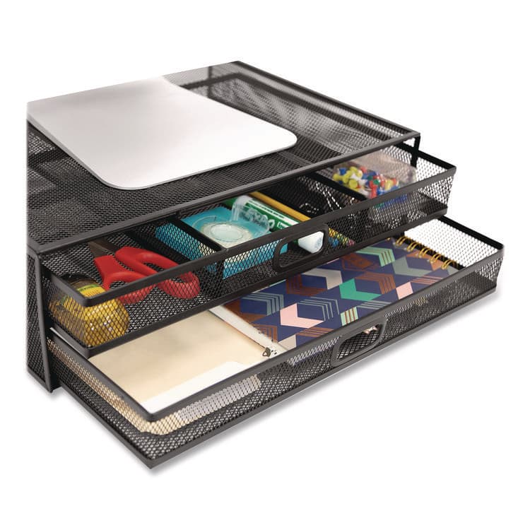 MOUNT-IT! Metal Mesh Monitor Stand with Storage Drawers, For Up to 32" Monitors, 15.8" x 11.8" x 4.7", Black, Supports 30 lb (MNIMI7365) thumbnail 2