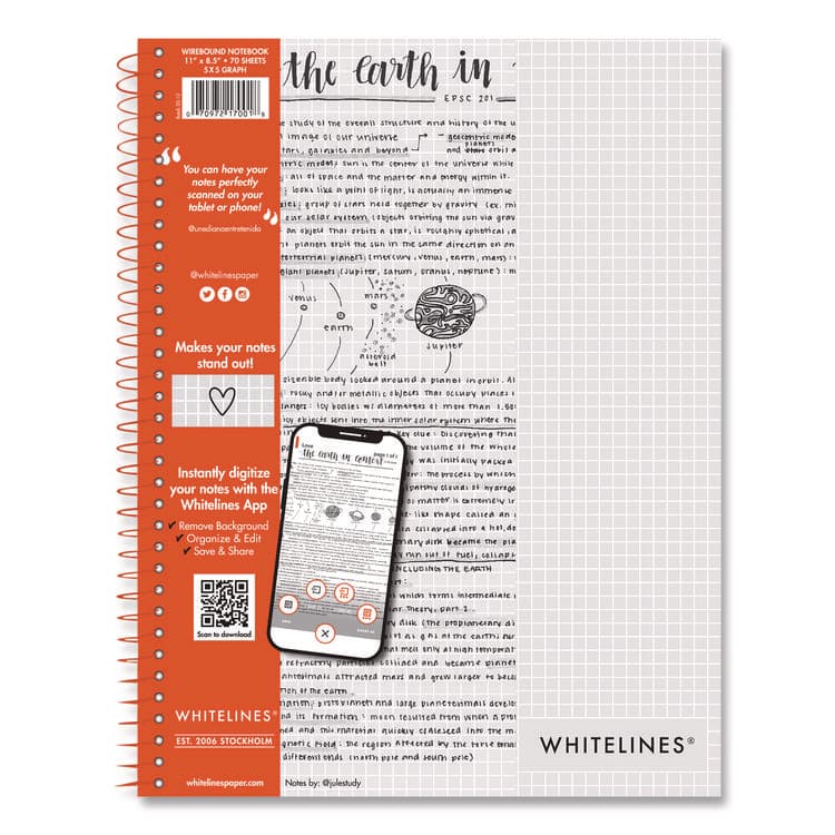ROARING SPRING PAPER PRODUCTS Whitelines Notebook, Quadrille Rule (5 sq/in), Gray/Orange Cover, (70) 11 x 8.5 Sheets (ROA17001)