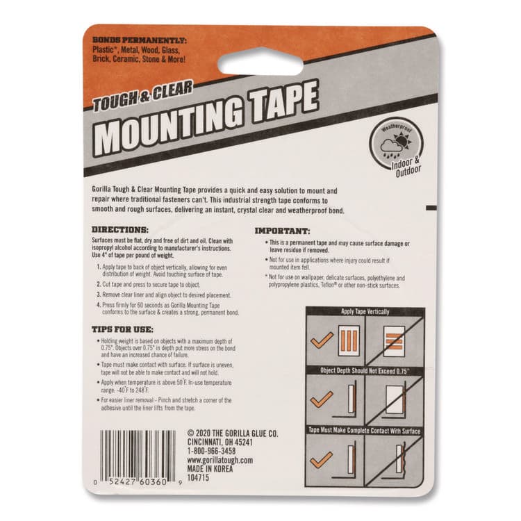 GORILLA GLUE COMPANY Tough and Clear Double-Sided Mounting Tape, Permanent, Holds Up to 0.25 lb/1 sq in, 1" x 12.5 ft, Clear (GOR6036002) thumbnail 3