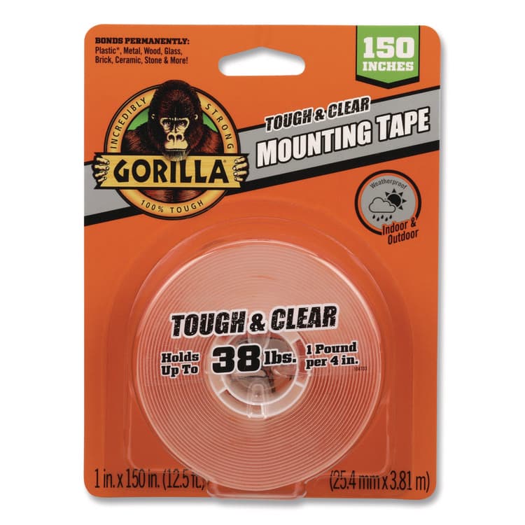 GORILLA GLUE COMPANY Tough and Clear Double-Sided Mounting Tape, Permanent, Holds Up to 0.25 lb/1 sq in, 1" x 12.5 ft, Clear (GOR6036002)