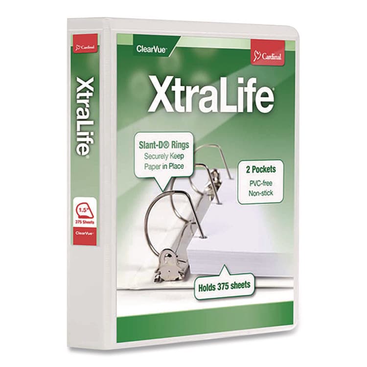 CARDINAL BRANDS . XtraLife ClearVue Non-Stick Slant-D Ring Binder, 3 Rings, 1.5" Capacity, 11 x 8.5, White (CRD26310)