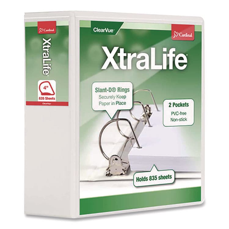 CARDINAL BRANDS . XtraLife ClearVue Non-Stick Slant-D Ring Binder, 3 Rings, 4" Capacity, 11 x 8.5, White (CRD26340)