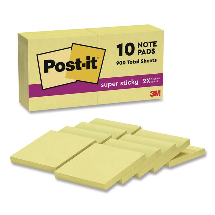 3M/COMMERCIAL TAPE DIV. Super Sticky Pads in Canary Yellow, 3 x 3, 90 Sheets/Pad, 10 Pads/Pack (MMM65410SSCY)