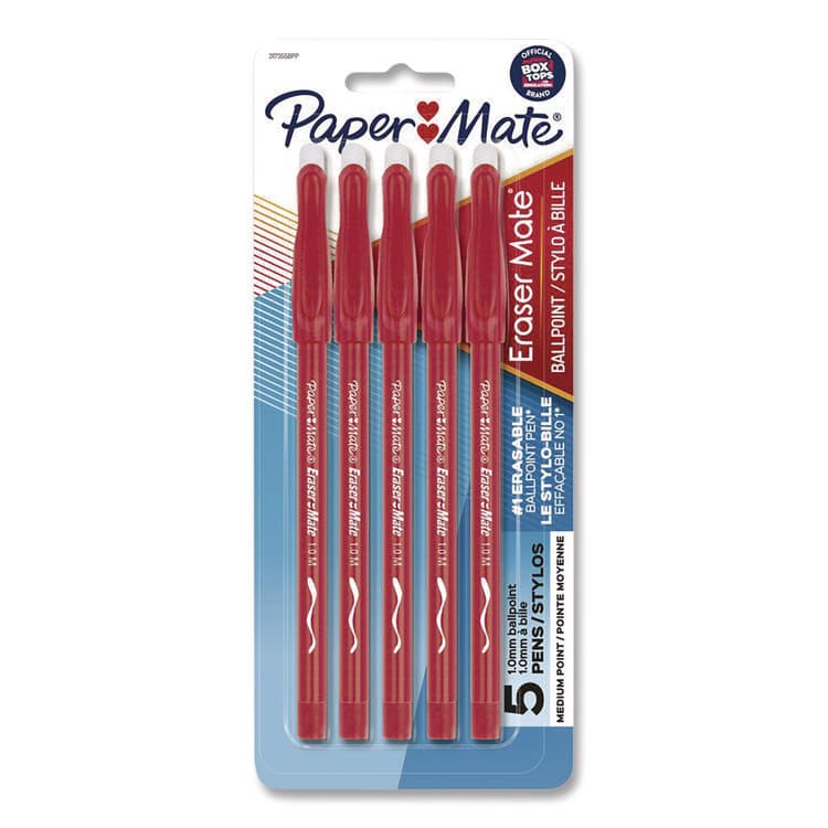 SANFORD Eraser Mate Ballpoint Pen, Stick, Medium 1 mm, Red Ink, Red Barrel, 5/Pack (PAP31735)