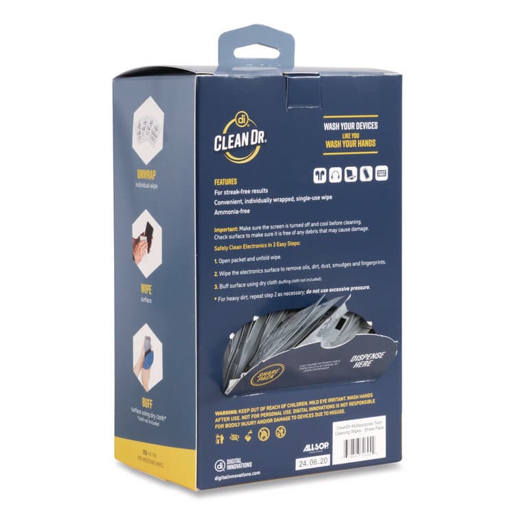 DIGITAL INNOVATIONS ScreenDr Multipurpose Tech Cleaning Wipes, 7 x 4, Unscented, White, 200/Pack (ASP32694) thumbnail 2