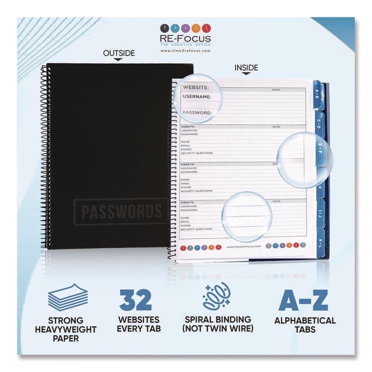 RE-FOCUS THE CREATIVE OFFICE Large Password Log Book, User-Name/Password Format, Black Cover, (48) 10 x 7.5 Sheets (RFCLARGEPWBOOKB) thumbnail 4