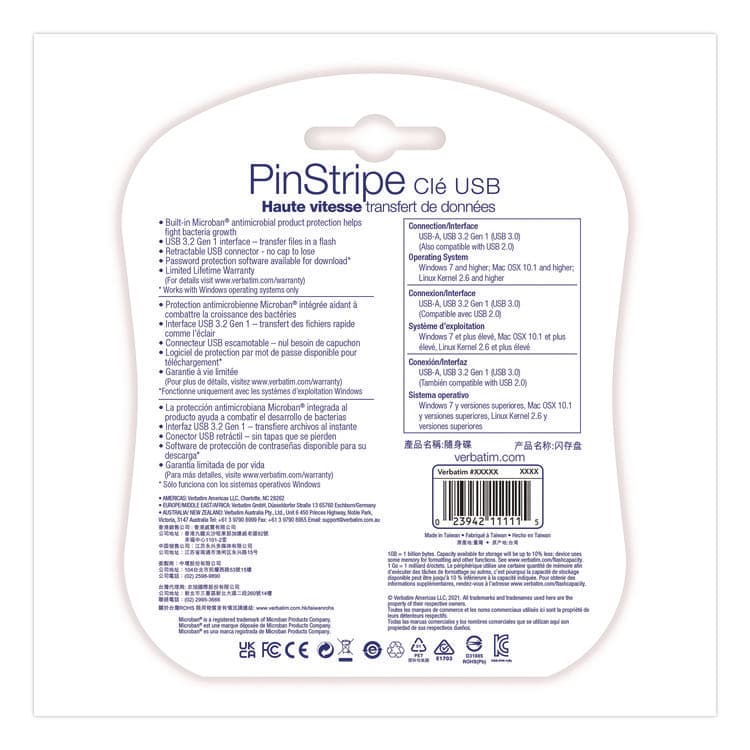 VERBATIM CORPORATION PinStripe USB 3.0 Flash Drive, 16 GB, Assorted Colors, 5/Pack (VER70387) thumbnail 2