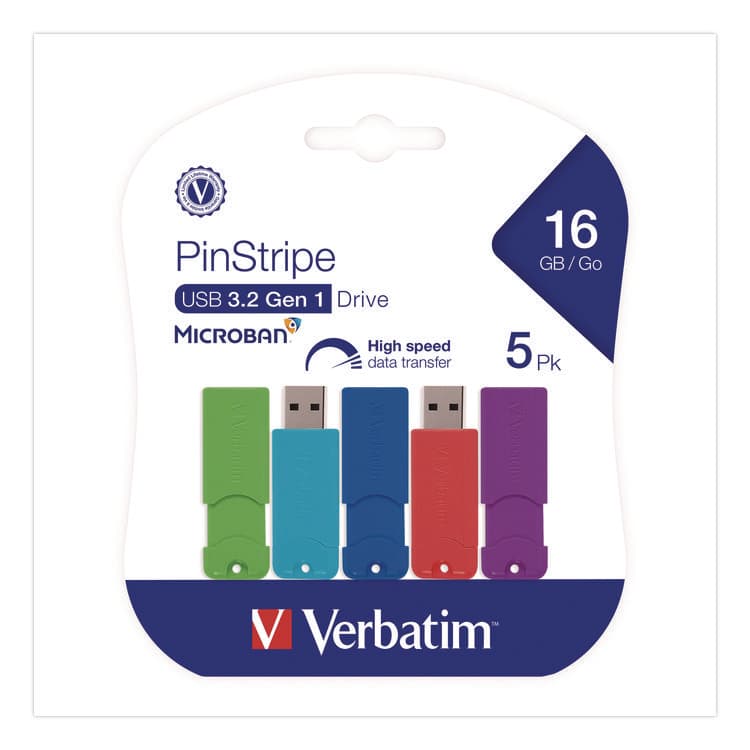 VERBATIM CORPORATION PinStripe USB 3.0 Flash Drive, 16 GB, Assorted Colors, 5/Pack (VER70387)