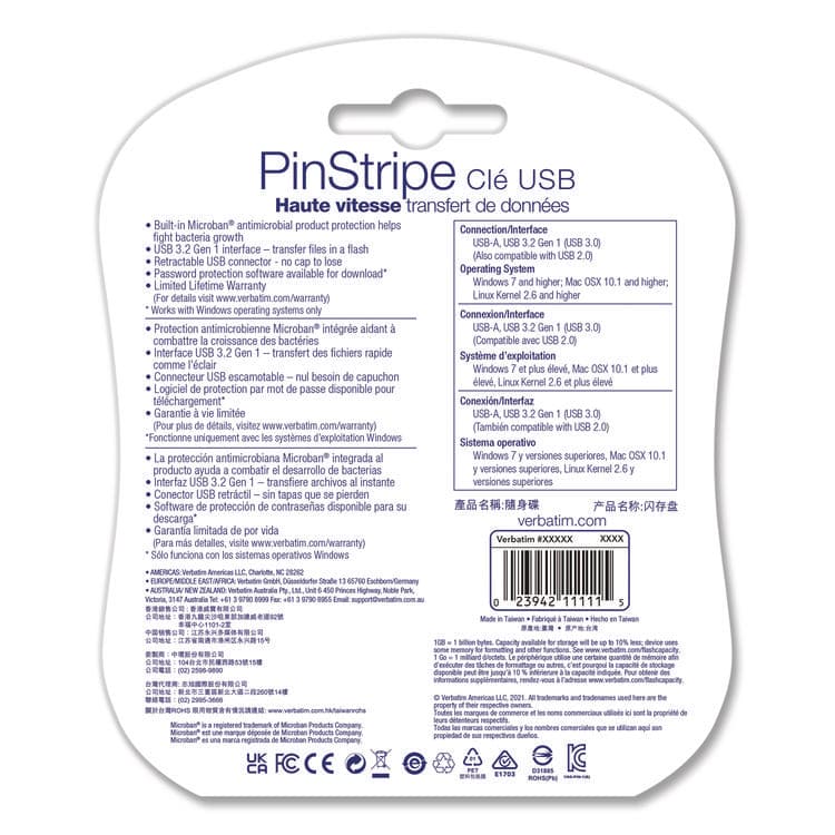 VERBATIM CORPORATION PinStripe USB 3.2 Flash Drive, 64 GB, Assorted Colors, 5/Pack (VER70389) thumbnail 4