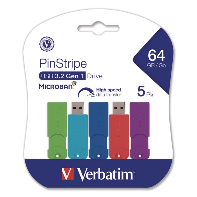VERBATIM CORPORATION PinStripe USB 3.2 Flash Drive, 64 GB, Assorted Colors, 5/Pack (VER70389)
