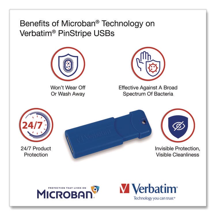 VERBATIM CORPORATION PinStripe USB 3.0 Flash Drive, 128 GB, Blue/Green/Red, 3/Pack (VER70390) thumbnail 3