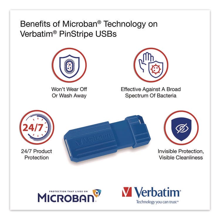 VERBATIM CORPORATION PinStripe USB 2.0 Flash Drive, 128 GB, Blue/Red, 2/Pack (VER70391) thumbnail 3