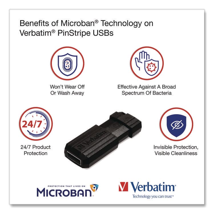 VERBATIM CORPORATION Pinstripe USB 2.0 Flash Drive, 64 GB, Black, 10/Pack (VER70901) thumbnail 2