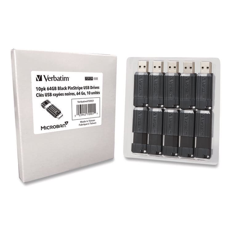 VERBATIM CORPORATION Pinstripe USB 2.0 Flash Drive, 64 GB, Black, 10/Pack (VER70901) thumbnail 4