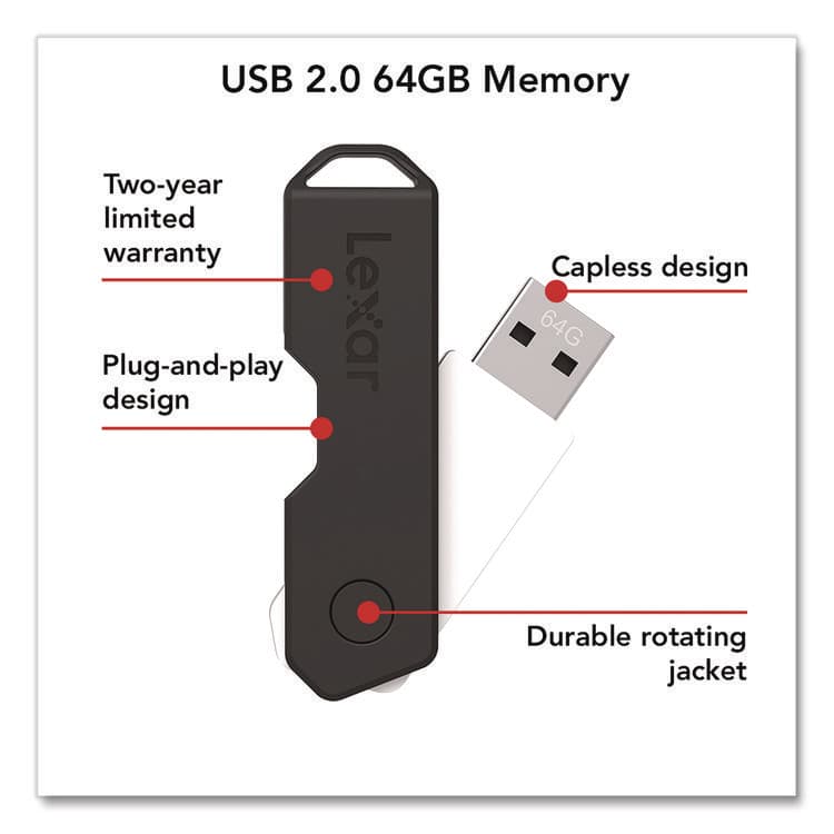 LEXAR MEDIA . Twist Turn2 USB 2.0 Flash Drive, 64 GB, Black (LXR24388079) thumbnail 2