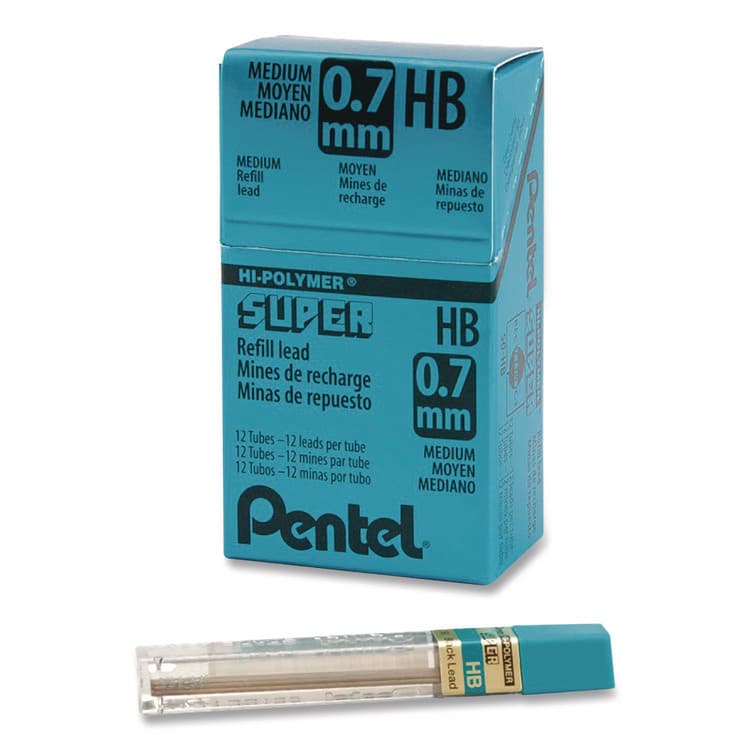 PENTEL OF AMERICA Super Hi-Polymer Lead Refills, 0.7 mm, HB, Black, 12 Leads/Tube, 12 Tubes/Box (PEN50HBBX)