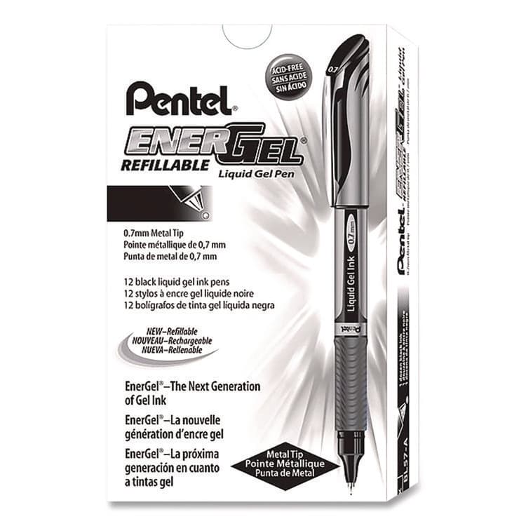 PENTEL OF AMERICA EnerGel Deluxe Gel Pen, Stick, Medium 0.7 mm, Black Ink, Silver/Black Barrel, Dozen (PENBL57ADZ)