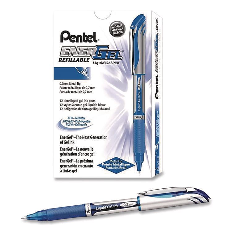 PENTEL OF AMERICA EnerGel Deluxe Gel Pen, Stick, Medium 0.7 mm, Blue Ink, Silver/Blue Barrel, Dozen (PENBL57CDZ) thumbnail 4